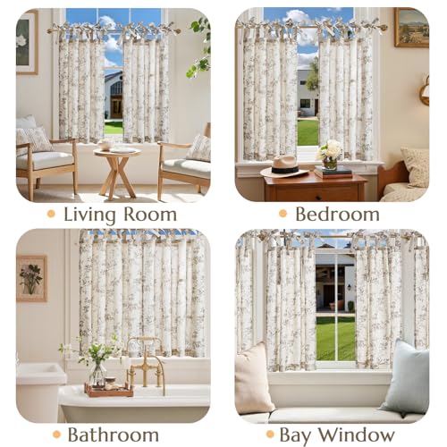 jinchan Taupe Floral Kitchen Tier Curtains Alisa 36 Inches Tie Top 2 Panles - color: Alisa Taupe on Linen, size: 26"W x 36"L (Pack of 2)