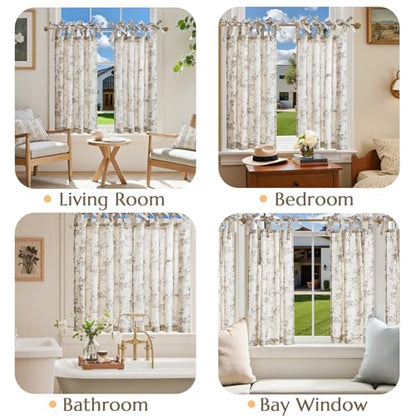 jinchan Taupe Floral Kitchen Tier Curtains Alisa 36 Inches Tie Top 2 Panles - color: Alisa Taupe on Linen, size: 26"W x 36"L (Pack of 2)