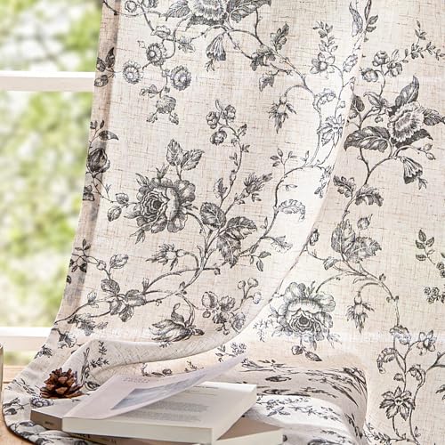 jinchan Linen Curtains 63 inch Black Floral Farmhouse Rod Pocket 2 Panels - color: Amlie Black, size: 50"W x 63"L (Pack of 2)