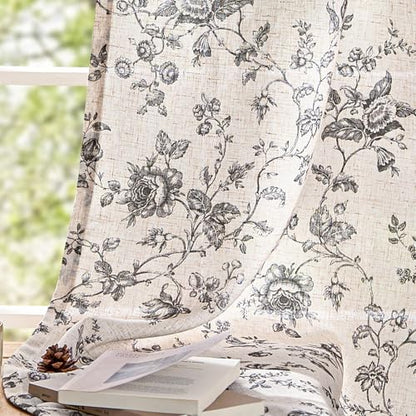 jinchan Linen Curtains 90 inch Black Floral Farmhouse Rod Pocket 2 Panels - color: Amlie Black, size: 50"W x 90"L (Pack of 2)
