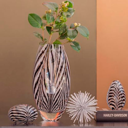 Murano Style Glass Vase Hand Blown Black and White Feather Pattern Effect - color: Black and White