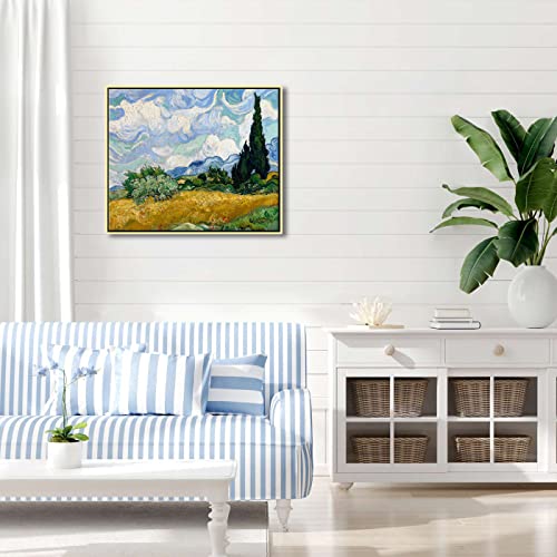 Wieco Art Framed Canvas Art Wheat Field with Cypresses by Van Gogh Impressionist Landscape oil Paintings Canvas Prints Artwork Wall Art for Living Room Home Office Decorations - size: 24"L x 20"W