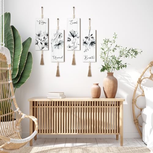 Qunclay 4 Pcs Boho Bathroom Wall Decor Relax Soak Unwind,Gray,Flower - color: Gray Flower