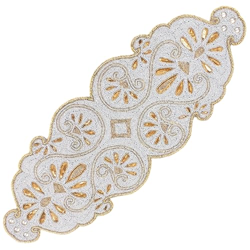 Beaded Runner 36 inch - 13x36 Inch Handmade Glass Bead & Polyester Décor Elegant Dining & Coffee Table Accent -Perfect for Weddings Holidays Farmhouse & Home (Gold Silver) - ALPHA Living HOME - color: Dark Gold Pewter