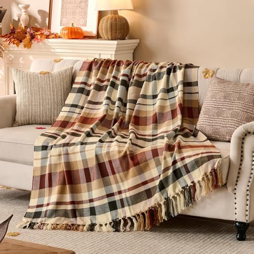 Lanpn Fall Plaid Throw Blanket, Cozy Soft Checked Blankets for Couch Sofa Bed, Decorative Acrylic Fall Throws with Fringe, Travel Cashmere Like Shawl, Autumn Thanksgiving Home Decor Gift, 50x60, Brown - color: Plaid Brown