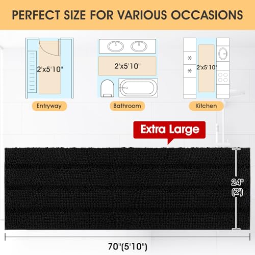 ACCUMTEK Extra Long Striped Black Bathroom Rug Mat 70"x24" Ultra Soft, Non Slip Chenille Bath Rugs, Absorbent Plush Shaggy Bath Mats for Bathroom, Bedroom, Kitchen, Shower, Tub - color: Black, size: 2' x 5'10" (Runner)