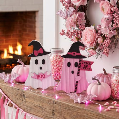 Valery Madelyn Pink Halloween Decor, Set of 2 Cute Halloween Ghost Decor, Witch Hat Boo & Trick or Treat Wooden Tabletop Signs for Home, Shelf, Tiered Tray Party Display, 7 Inch - size: Large