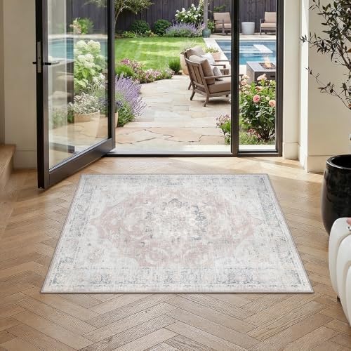 PureCozy Pink Blue 2x3 Area Rug Washable Vintage Distressed Medallion - color: Vintage | Pink Blue, size: 2' x 3' (Rectangular)