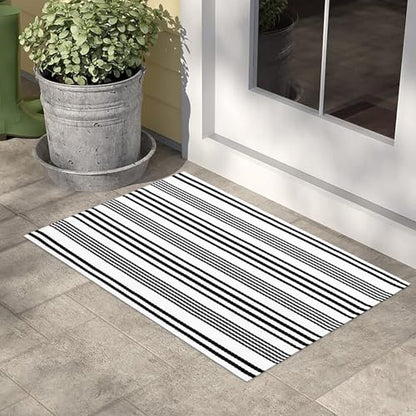 LEEVAN 2'X3' Black and White Striped Woven Cotton Reversible Outdoor Rug - color: 1white Strip, size: 2' x 3'