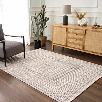 Hauteloom Lyre Farmhouse Living Room Bedroom Moroccan Square Pattern Abstract Area Rug - Soft Shaggy High Low Carpet - High Pile - Bohemian, Boho - Gray, Brown, Beige, Cream - 5'3" x 7' - color: Charcoal, Cream, Beige / Lunao, size: 5'3" x 6'11" (Rectangu