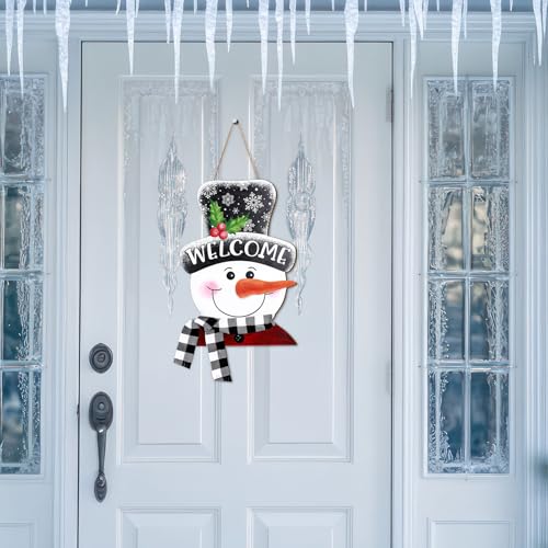 Whaline Winter Snowman Wooden Hanging Sign with Black White Buffalo Plaid Scarf Ribbon Snowman Welcome Sign Xmas Door Decor Sign for Christmas Winter kitchen Indoor Outdoor Porch Wall - style: vivid