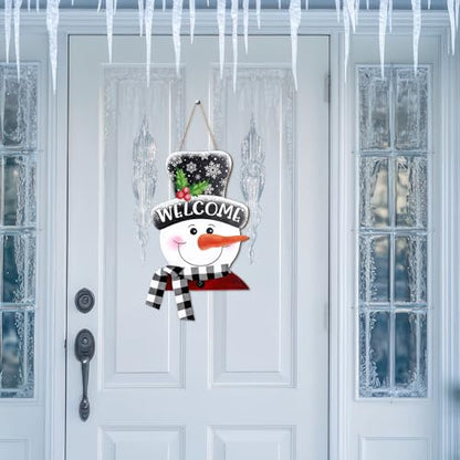 Whaline Winter Snowman Wooden Hanging Sign with Black White Buffalo Plaid Scarf Ribbon Snowman Welcome Sign Xmas Door Decor Sign for Christmas Winter kitchen Indoor Outdoor Porch Wall - style: vivid