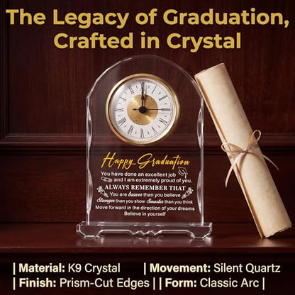 Crystal Clock Graduation Gift for Her Him Women Men - Class of 2026 Graduation Keepsake Present for College High School PHD Masters Degree, Gift for Daughter Son Sister Friend - color: Happy Graduation