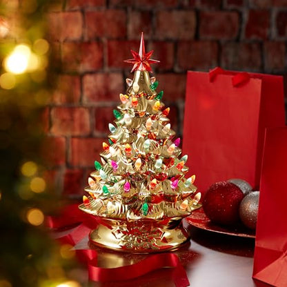 Casafield Hand Painted Ceramic Christmas Tree, Gold 15-Inch Pre-Lit Tree with 128 Multi Color Lights and 2 Star Toppers - color: Gold
