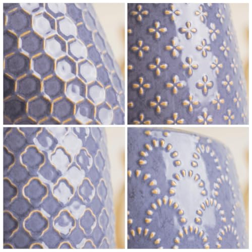 EFISPSS Ceramic Plant Pots, 5 Inch Planters with Drainage Holes and Ceramic Tray, Relief Design Flower Planter, Desktop Office Windowsill Decoration Gift Set of 4 - Lavender - color: Lavender