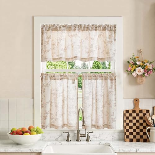 jinchan Taupe Linen Floral Kitchen Tier Curtains and Valance Set 3 Pieces - color: Alisa | Taupe on Linen, size: 26"W x 24"L (Pack of 3)