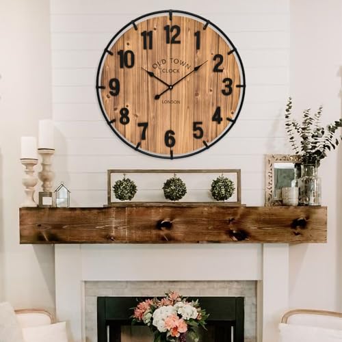 EMAX HOME Large Old Town Farmhouse Wall Clock 20 Inches - Rustic Antique Wood with Metal Circle and Large Numerals Silent Battery Operated Wall Clock for Office Kitchen Bedroom Living Room - color: Brown, size: 20 Inch