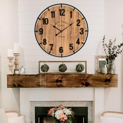 EMAX HOME Large Old Town Farmhouse Wall Clock 20 Inches - Rustic Antique Wood with Metal Circle and Large Numerals Silent Battery Operated Wall Clock for Office Kitchen Bedroom Living Room - color: Brown, size: 20 Inch