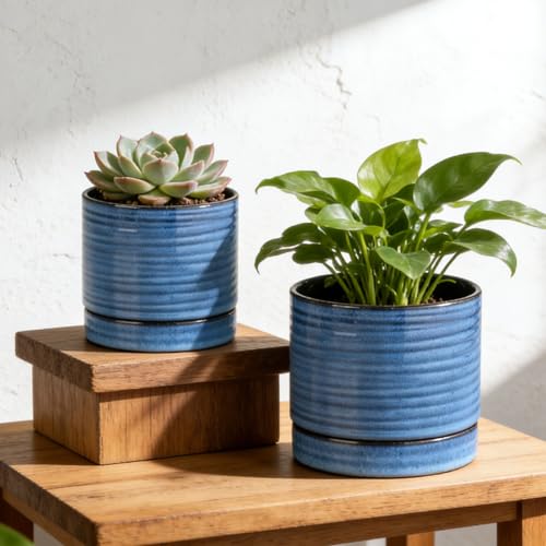 HASENSE Ceramic Pot for Indoor Plant, 8+6+4.6 Inch Planter with Drainage Holes and Saucer, Reactive Glaze Blue Flower Pots for Home Office Decor, Set of 3 - color: Blue, size: 8+6+4.6 Inch