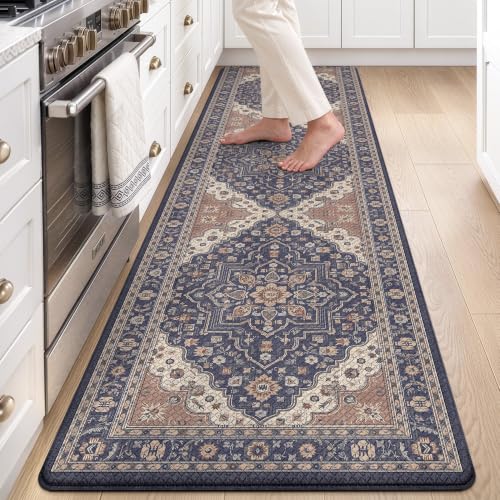 LUMI Kitchen Floor Mat Cushioned Anti Fatigue Runner Rug, 24"x87" - color: Navy & Taupe, size: 87"L x 24"W x 0.4"Th