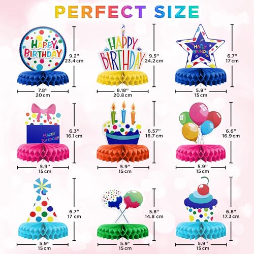 Happy Birthday Table Decoration Centerpieces - 9 Pieces, Multicolor - Double-Sided Happy Birthday Centerpieces for Tables - Party Supplies for Elegant Birthday Decorations - by PixiPy - style: Multicolor (Pack of 9)