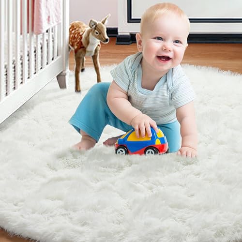 Cream White Fluffy Round Rug Circle Area Rugs 4ft for Kids Teen Bedroom - color: Cream White, size: 4' (Round)