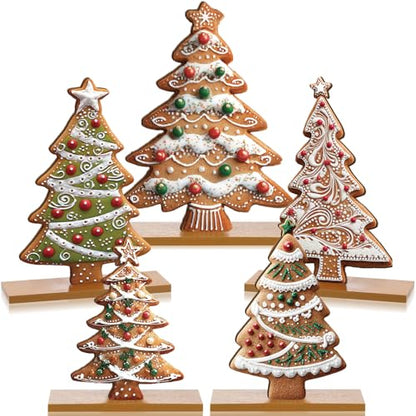 RattanView 5 Pcs Gingerbread Christmas Table Decorations Wooden Gingerbread Tree Decor Christmas Centerpiece Ginger Bread Village Decoration Winter Tiered Tray Decor with Base for Xmas Home Kitchen - style: Gingerbread Tree