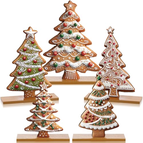 RattanView 5 Pcs Gingerbread Christmas Table Decorations Wooden Gingerbread Tree Decor Christmas Centerpiece Ginger Bread Village Decoration Winter Tiered Tray Decor with Base for Xmas Home Kitchen - style: Gingerbread Tree