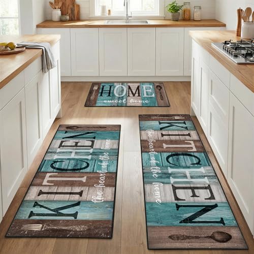 Kitchen Rugs Sets of 3 Non Slip Washable Mats for Floor, Turquoise - color: Turquoise Teal