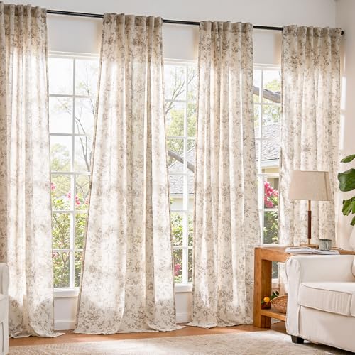 jinchan Linen Curtains 84 inch Taupe Floral Farmhouse Rod Pocket 2 Panels - color: Amlie Taupe, size: 50"W x 84"L (Pack of 2)