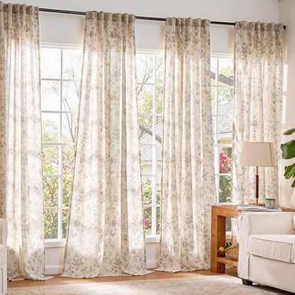 jinchan Linen Curtains 84 inch Taupe Floral Farmhouse Rod Pocket 2 Panels - color: Amlie Taupe, size: 50"W x 84"L (Pack of 2)