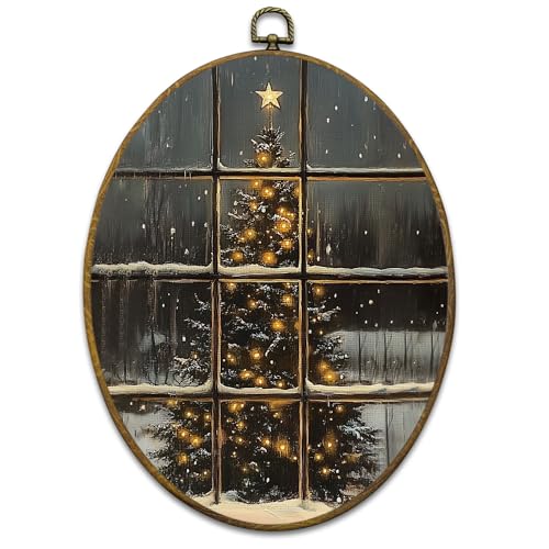 Mcehtle Vintage Christmas Tree Wall Art Decor, Nostalgic Moody Winter Tree Framed Canvas Prints 8.6x11.4, Rustic Christmas Holiday Oval Wall Hanging Artwork Decorations for Home Bedroom Living Room - color: Colour 06