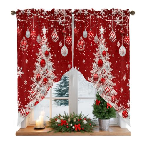 Christmas Tree Swag Valances Kitchen Curtains 36 Inches Length,White Pine Trees Sparkle Xmas Balls Tier Drapes Swag Topper,Red Winter Snow Snowflakes Short Window Treatments for Cafe 2 Panels 28"x36" - color: Red Sliver White, size: 28"W x 36"L (Pack of 2