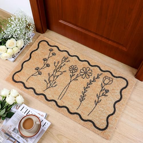 Dunzy Floral Door Mat Outdoor Black Scalloped Welcome Mat for Front Door - style: Wildflower