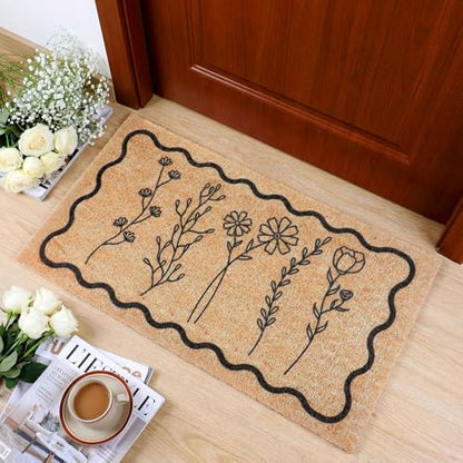 Dunzy Floral Door Mat Outdoor Black Scalloped Welcome Mat for Front Door - style: Wildflower