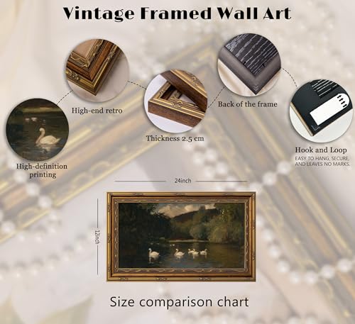 Yuantulan Vintage Swan Lake Landscape Wall Art Antique Gold Framed Print - color: Swan Lake