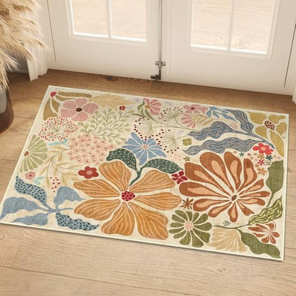 MUJOO 2x3 Washable Rug Floral Small Area Rugs Non Slip Low-Pile Beige - color: Beige, size: 2' x 3' (Rectangular)