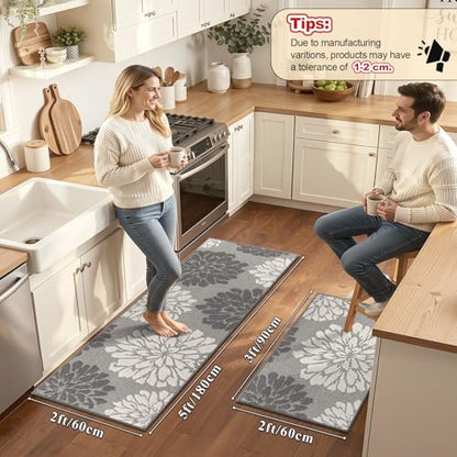 Findosom Kitchen Rugs Sets of 2, Floral Washable Kitchen Runner Rug, Gray - color: Grey, size: 24" x 36" + 24" x 71"