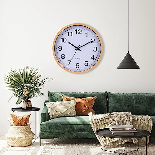 Wall Clock 12 Inch Wooden Frame Glass Cover Non-Ticking Number Quartz Modern Quartz Design Decorative Bedroom Kitchen Office Classroom Light Brown - color: Light Brown