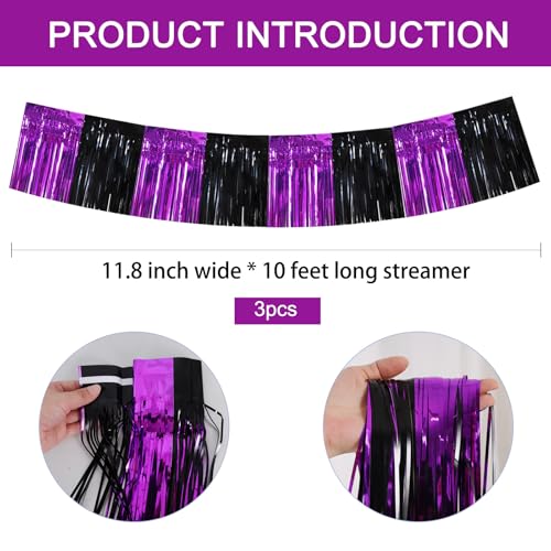 BEISHIDA Black Purple Fringe Garland Banner 30ft Wall Tinsel Foil Streamers - color: Black Purple
