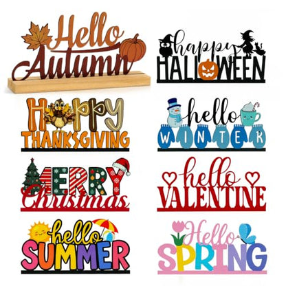 Interchangeable Seasonal Decor Metal Table Sign Set with Wooden Base