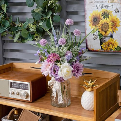 Artificial Faux Flowers in Vase-Fake Purple Transvaal Daisy and Dandelion - color: Purple & White