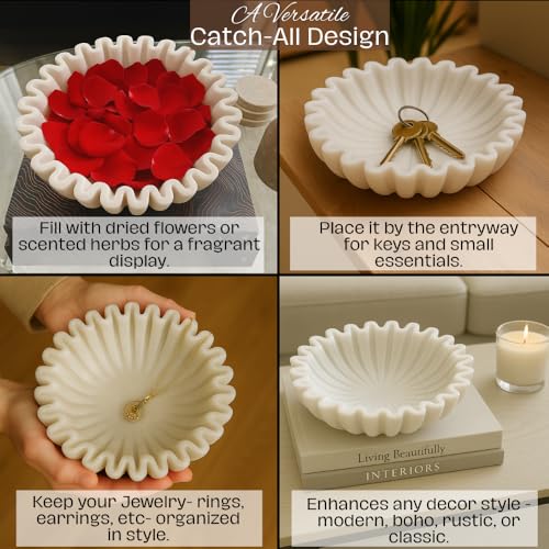 SWADESHI BLESSINGS Handcrafted Marble Ruffle Bowl for Home Decor, 7" - size: 7 Inches