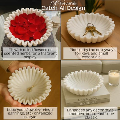 SWADESHI BLESSINGS Handcrafted Marble Ruffle Bowl for Home Decor, 7" - size: 7 Inches