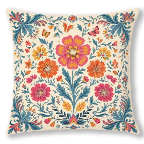 Vintage Mexican Floral Pillow Covers 18x18, Mexican Home Decor - color: Blue Pink, size: 18" x 18" (Pack of 1)