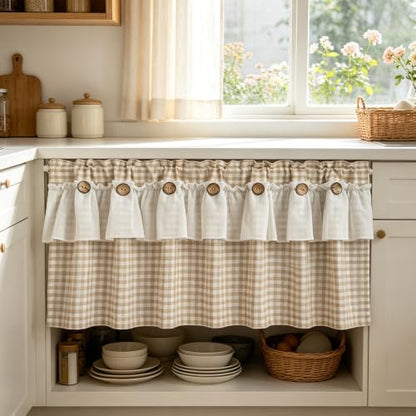 Beige Gingham Checkered Kitchen Short Curtain with Ruffle & Wooden Buttons - size: 55"W x 20"L (Pack of 1)