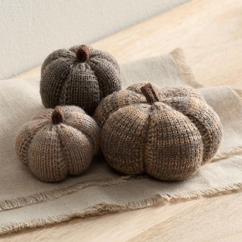 Set of 3 Cozy Mini Knit Pumpkins (Cobblestone Multi-Size Set) - color: Cobblestone Multi-sized