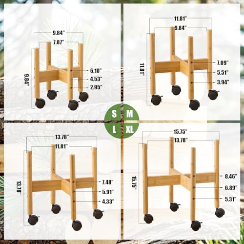 Adjustable Wooden Plant Stand with Wheels 3 Height Adjustment Fits 11.81inch Pots Mid Century Modern Outdoor & Indoor Planter Holder for Home Corner (Plants Not Included) L