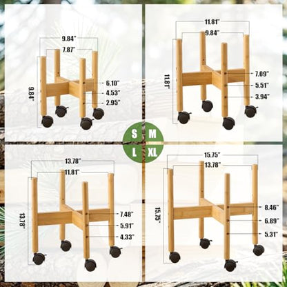 Adjustable Wooden Plant Stand with Wheels 3 Height Adjustment Fits 11.81inch Pots Mid Century Modern Outdoor & Indoor Planter Holder for Home Corner (Plants Not Included) L