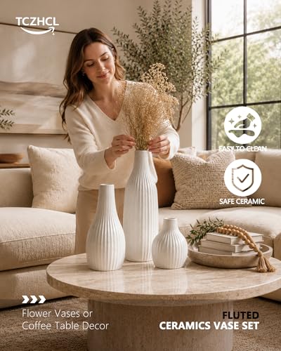 Minimal Line White Ceramic Vase Set of 3, Matte Decorative Flower Vases - color: White